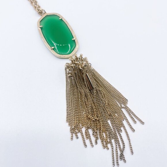 Kendra Scott Long Gold Chain Necklace With Green Oval Pendant & Tassel - Picture 6 of 6